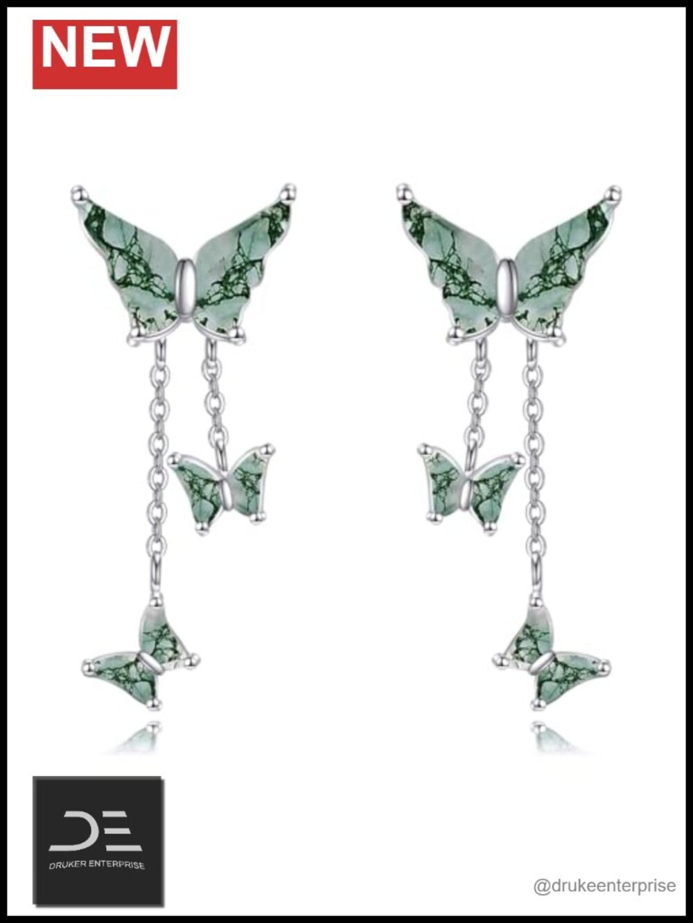 Sterling Silver Butterfly Moss Agate Stud Earrings Dangling Women Jewelry Gift
